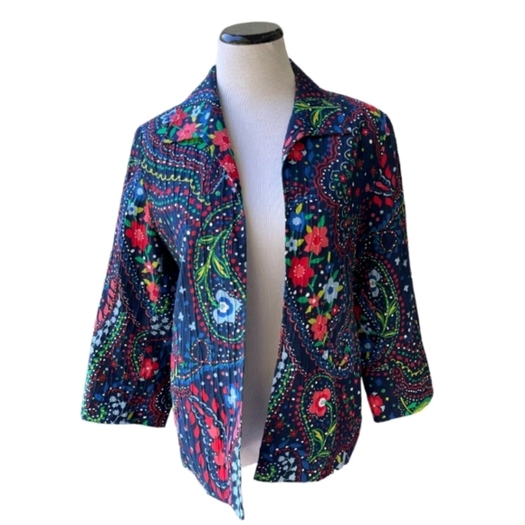 ALFRED DUNNER BOHEMIAN BLAZER JACKET WOMEN'S'S SZ 10 BLUE RED PRINT OPEN FRONT ☆ - Picture 2 of 12